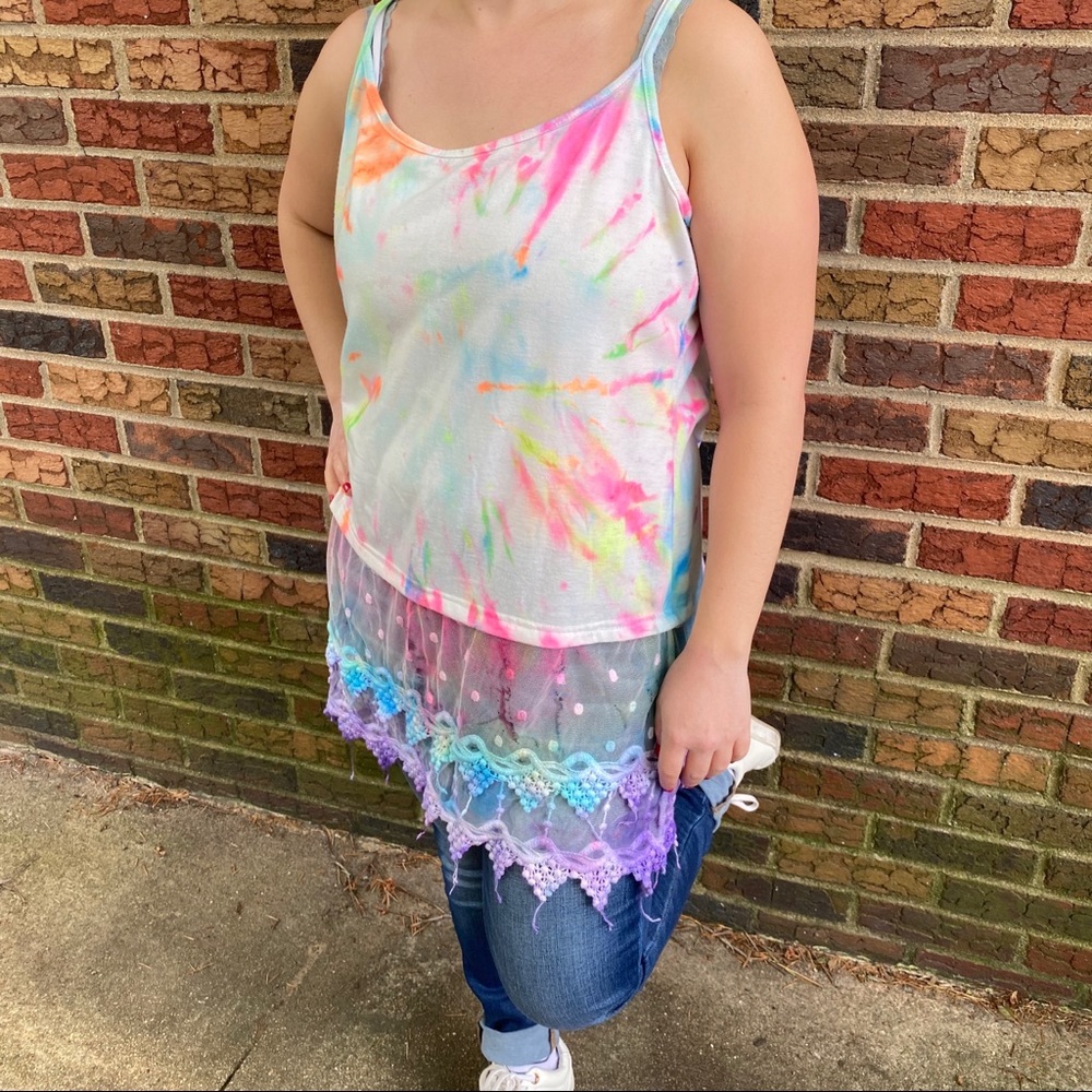 Rainbow tie dye camisole with lace on bottom - Picture 5 of 13